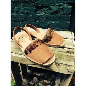 Alejandrina's Delhi Brown Nubuck Leather & Feather Sling Peep Sandals Size 38